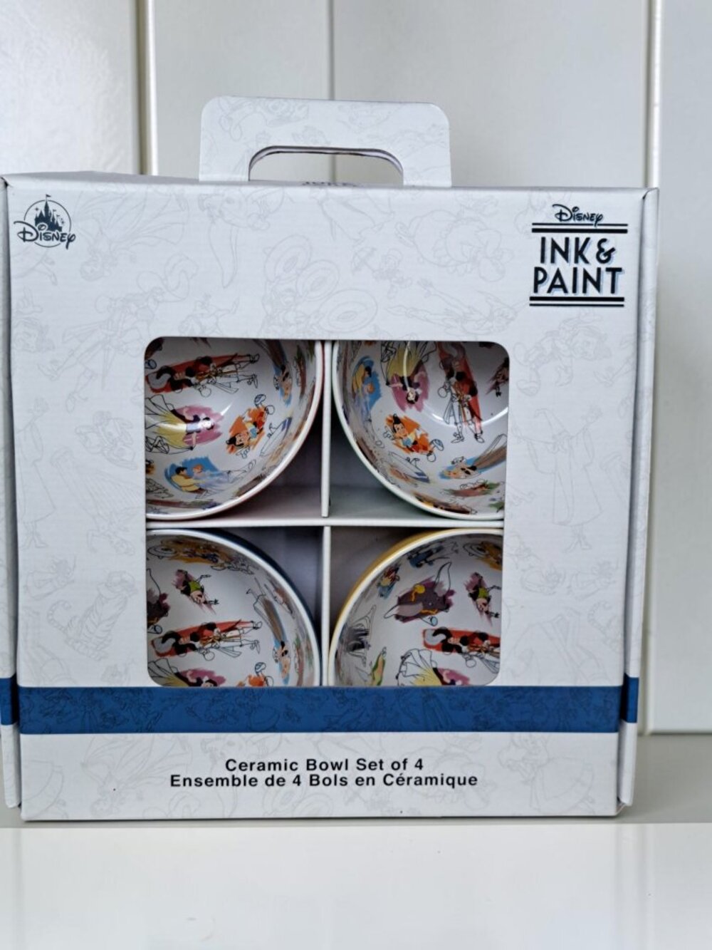 Disney Ink & Paint Ceramic 4 Piece Bowl Set 6” Red Yellow Green Blue